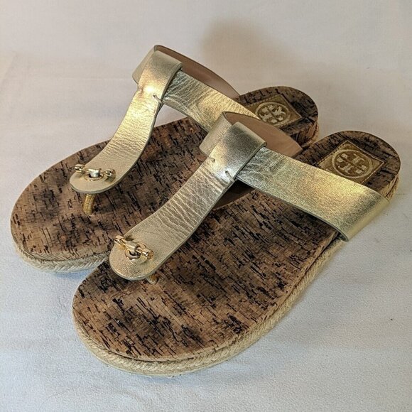 Tory Burch Gold Leather Sandals Cork Metallic Metal Thong 8.5 - Picture 2 of 16